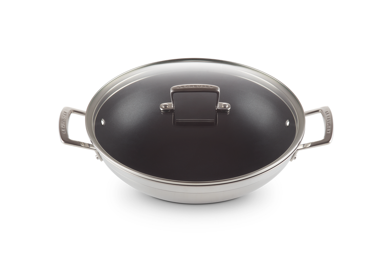 Wok anti-adhérent Inox Classique avec couvercle verre